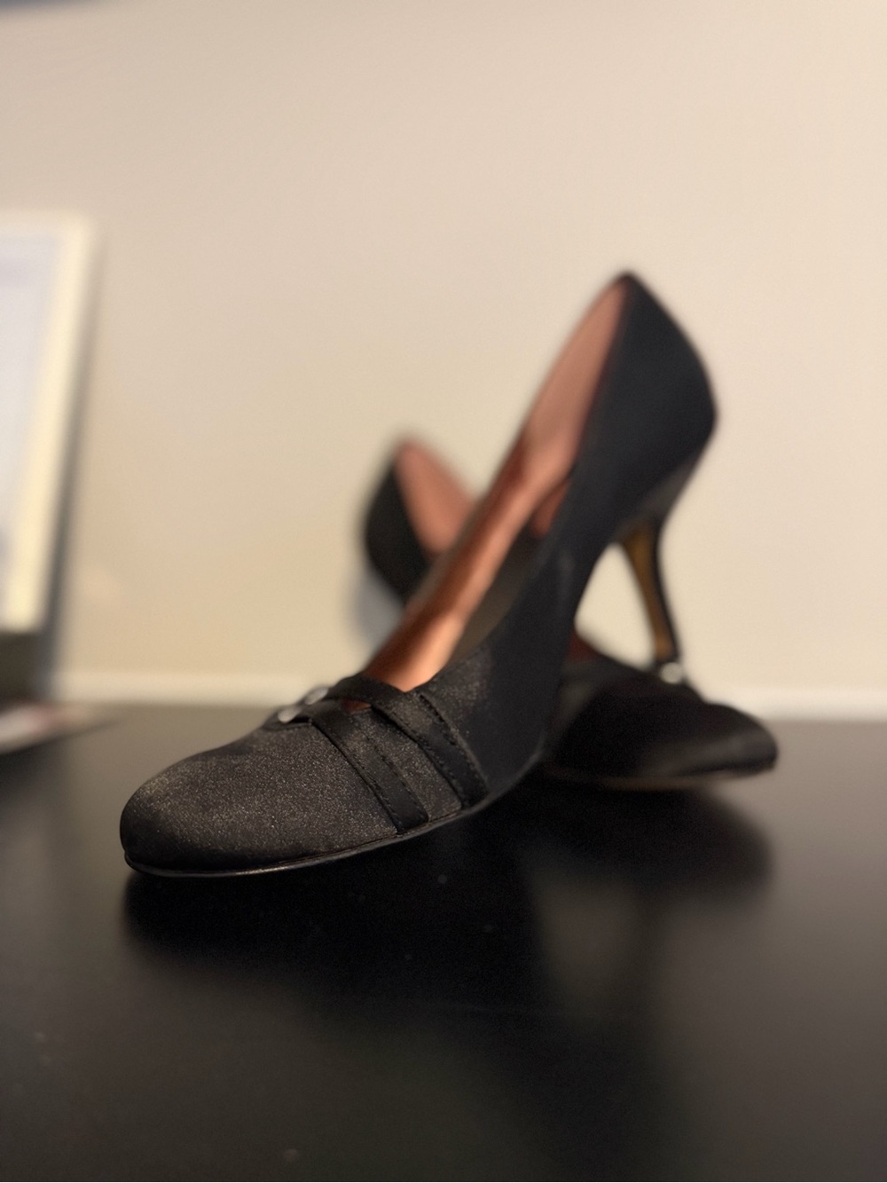 Sam & Libby Black Satin Mid Heel Pumps